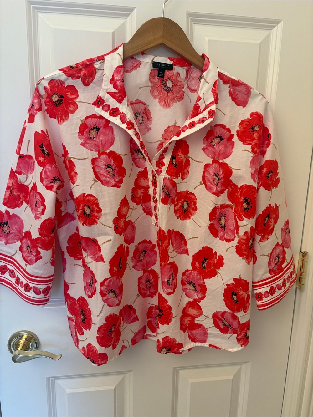 Talbots White Popover Blouse with Red Floral Print